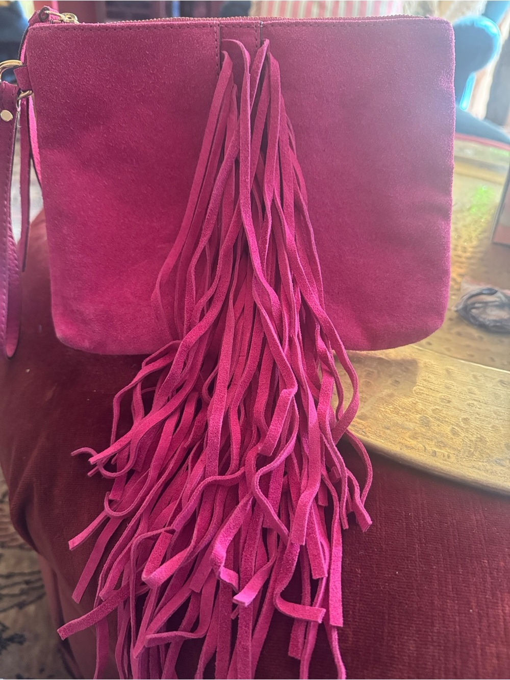 Banana Republic Hot Pink Suede Fringe Wristlet Clutch
